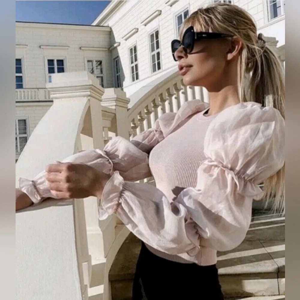 Zara Elegant Pink Puff Sleeve Ribbed Long Sleeve Top - Size L